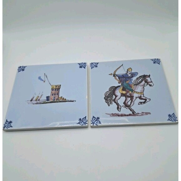 Westraven Delft Tile Pair Anno 1661 Hand Painted Medieval Archer & Castle Scenes - Picture 7 of 7